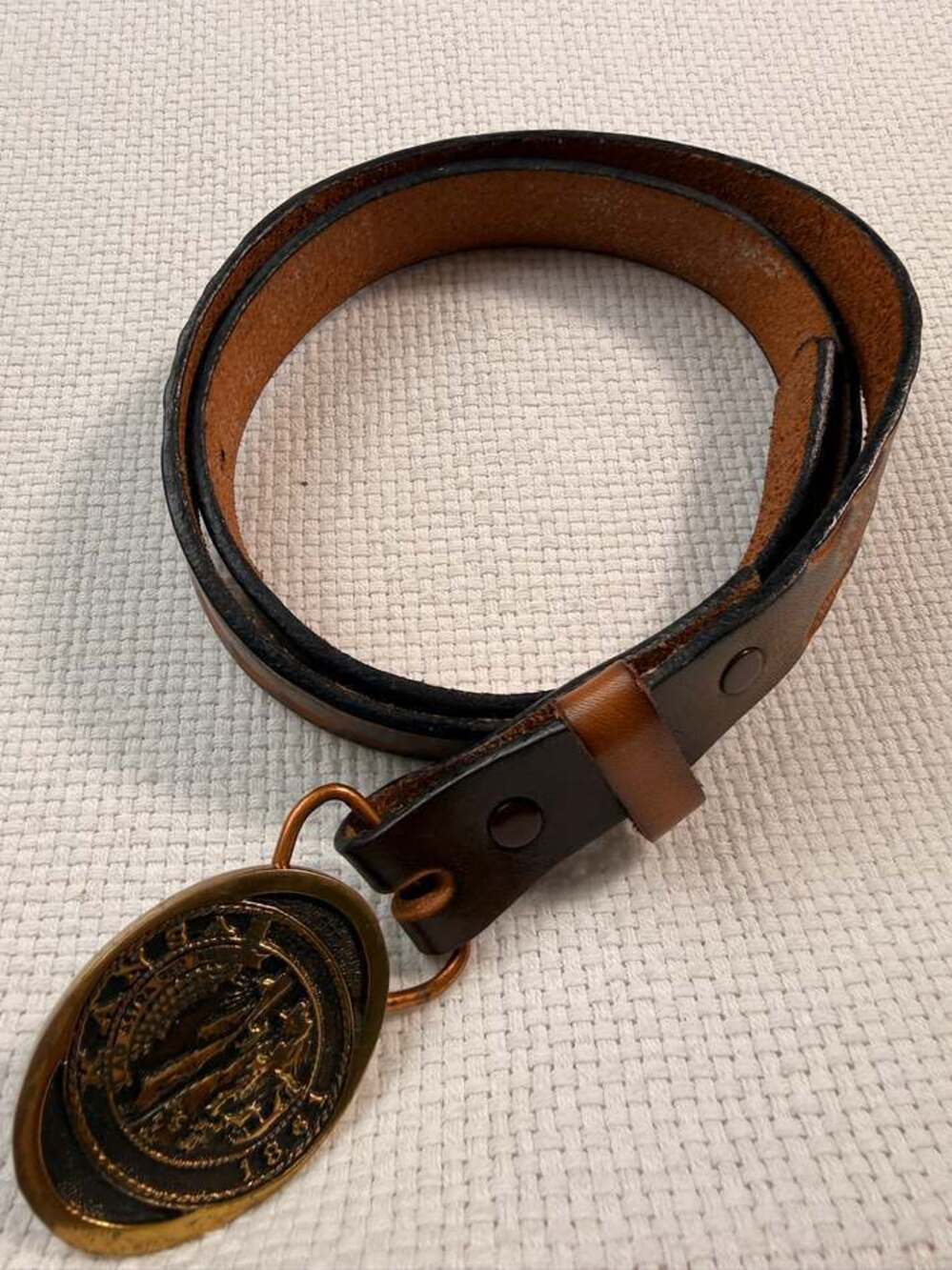 Vintage Embossed Leather Belt with Bronze Medallion Buckle